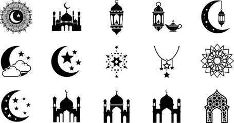 Islamic silhouette icons, mosque, crescent moon, lantern, star pattern, prayer symbols, Ramadan theme, black design, religious architecture, Muslim culture, Eid elements