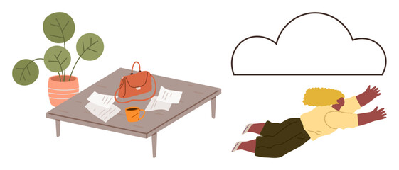 Woman in mid-air reaching for a cloud, desk decorated with papers, a bag, a cup, and a plant. Ideal for creativity, ambition, goal-setting daydreaming productivity imagination inspiration. A