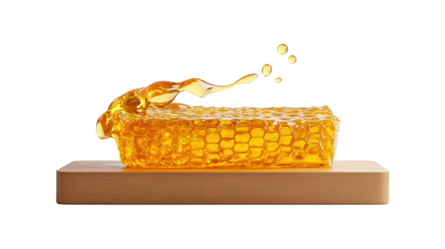 Honeycomb with Dripping Honey on Wooden Board on Transparent Background