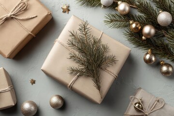 Overhead view of beautifully wrapped christmas gifts adorned with natural pine sprigs and festive ornaments on a light blue background