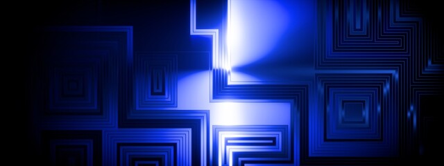 Abstract Blue Geometric Labyrinth Background, Futuristic Digital Technology and Circuit Board Data Flow Concept, fractal glass, artificial intelligence