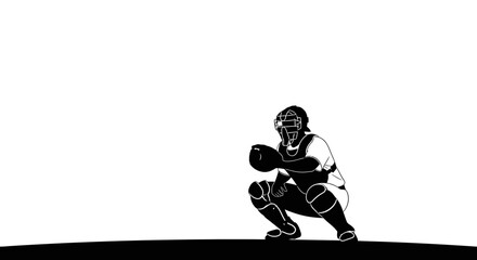 Intense baseball catcher ready for the pitch, showcasing focus and determination in a modern design, perfect for sports enthusiasts and athletic projects