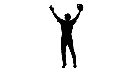 Dynamic silhouette of baseball player celebrating victory with glove held high, perfect for sports branding, team spirit visuals, and motivational content