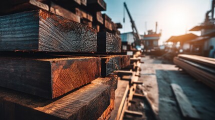 Close-Up of Stacked Wooden Planks at Industrial Site with Sunlight and Construction Elements in Background Highlighting Texture and Detail of Timber