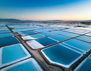 aerial view of salt lake polygons with blue and white hues beneath clear sky