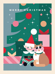 Christmas illustration in contemporary flat geometric style with little Santa's helper and his pet friend and Christmas tree. Design for Holiday greeting cards, postcards or advent calendar. 