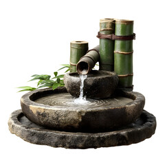 A natural stone and bamboo water fountain with water flowing into stone basins creating a tranquil atmosphere for relaxation