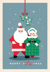 Christmas illustration with Mr. and Mrs Claus under a mistletoe branch drawn in contemporary flat minimalist geometric style. Design for Holiday greeting cards, postcards or advent calendar. 