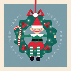 Christmas illustration in contemporary flat geometric style with little Santa's helper and Christmas wreath. Design for Holiday greeting cards, postcards or advent calendar.

