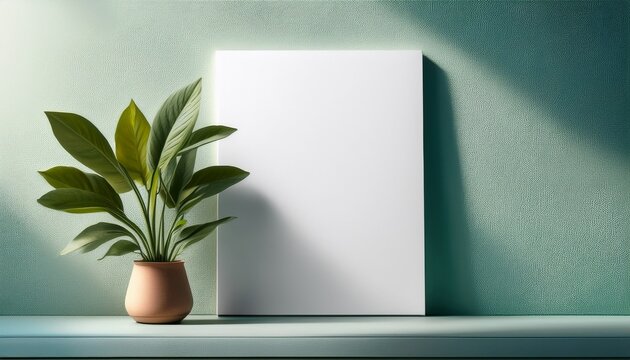 blank poster frame leaning against limewash wall with natural daylight and green plant detail