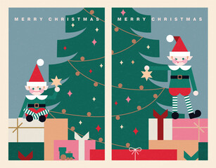 Christmas illustration in contemporary flat minimalist geometric style with little Santa's helpers decorating a Christmas tree. Design for Holiday greeting cards, postcards or advent calendar. 