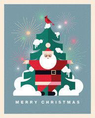 Christmas illustration in contemporary flat minimalist geometric style with Santa and Christmas tree. Design for Holiday greeting cards, postcards or advent calendar. Vector illustration
