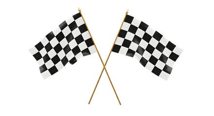 Two checkered racing flags crossed on golden poles against a dark background isolated on a transparent background