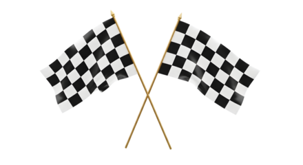 Two checkered racing flags crossed on golden poles against a dark background isolated on a transparent background