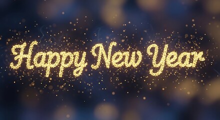 Sparkling happy new year wishes with golden glitter on a dark blue background creating a festive and celebratory atmosphere for seasonal greetings and events