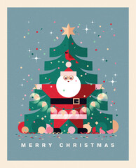 Christmas illustration in contemporary flat minimalist geometric style with Santa holding light garland. Design for Holiday greeting cards, postcards or advent calendar. Vector illustration
