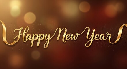Golden happy new year wishes with elegant script lettering and ribbon on a festive brown background perfect for holiday greetings and seasonal celebrations