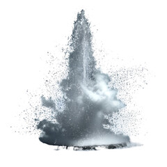 A powerful fountain erupts with dynamic water spray and mist against a clean white background