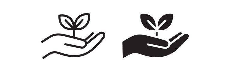 Hand holding a small plant sprout icon, symbolizing growth, nature care, new life, environment, and sustainability. Vector