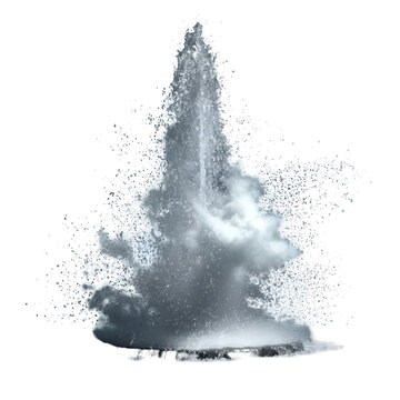 A powerful fountain erupts with dynamic water spray and mist against a clean white background