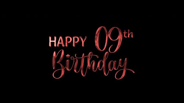 9th happy birthday text animation in red metallic effect. suitable for birthday celebrations, social media posts, and greeting cards. Includes alpha channel for any background.