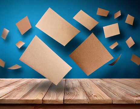 levitating brown paper cards against blue wall and wooden table workspace theme