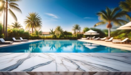 Obraz premium luxurious marble tabletop with blurred background of swimming pool and palm trees on a sunny day
