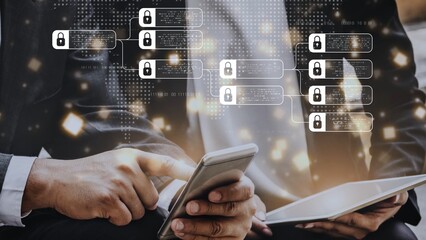Blockchain structure showing distributed data blocks linked with encryption, representing secure transaction verification, decentralized control, and immutable record system Marrow