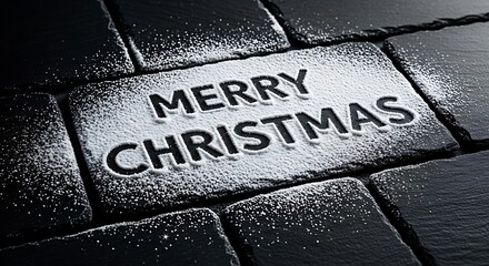 Merry christmas message dusted with snow on dark slate tiles creating a festive holiday background for cards and seasonal greetings and winter celebrations