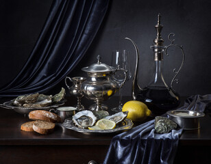Dutch Golden Age Still Life with Oysters, Silverware, Lemon and Decanter on Dark Velvet Table