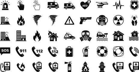 Emergency icons collection, disaster response symbols, safety equipment, rescue tools, medical alert signs, fire protection, hazard warning, emergency communication, first aid, preparedness visuals