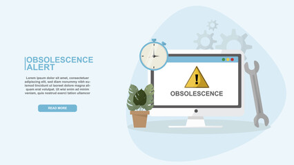 Obsolescence Alert Message on Computer Screen with Tools and Timer. obsolescence warning signaling device expiration and maintenance risks for electronics. Professional banner. Vector illustration