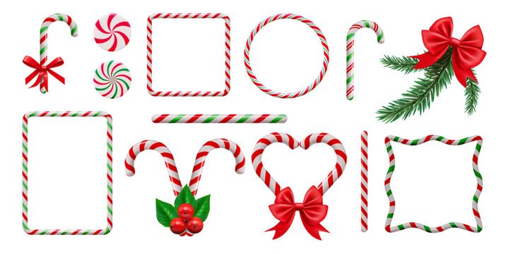 Candy cane frame. Christmas stick border. 3D lollipop line pattern or red and white strip. Caramel bonbon. Sweet corners. Coniferous branch with red ribbon. Vector holiday Xmas decor set