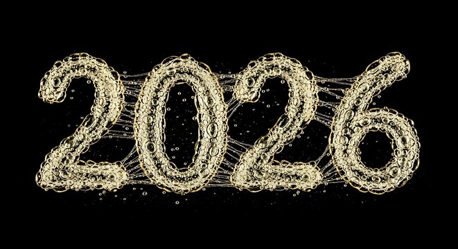 Glowing golden numbers 2026 illuminated by sparkly lights on a dark background