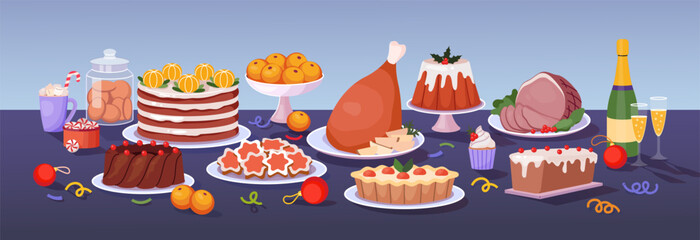 Christmas table. Feast meal dinner. Winter party dish. Food at tabletop. Holiday celebration chicken meat. Xmas pie plate. Sweet cake with glaze. Turkey serving. Vector illustration