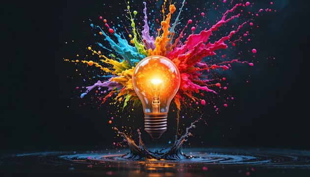 Colorful Water Splash Behind Lit Light Bulb on Dark Background