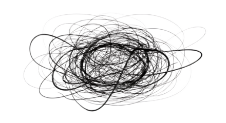 A chaotic tangle of dark lines swirling in a circular pattern against a black and white background