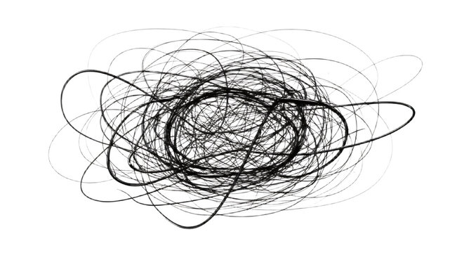 A chaotic tangle of dark lines swirling in a circular pattern against a black and white background - Powered by Adobe