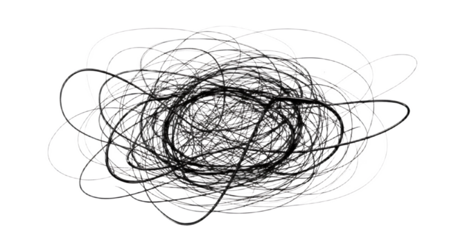 A chaotic tangle of dark lines swirling in a circular pattern against a black and white background