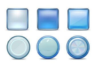 3d blue button. Metal frame. Technology round box or glossy glass shape. Gradient app label. Interface application template. Geometric forms. Panel elements. Vector blank badges set