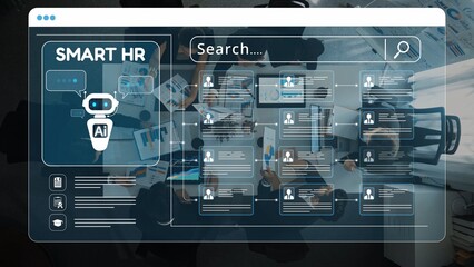 Showcase of a modern Smart HR system utilizing AI technology to optimize human resource tasks and improve employee interaction through a user-friendly interface. Raster