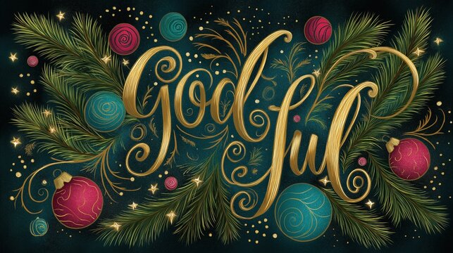 "God Jul" Swedish Christmas greeting in ornate lettering, intricate Nordic-inspired typography, vibrant red and green holiday palette, surrounded by sparkling snowflakes 