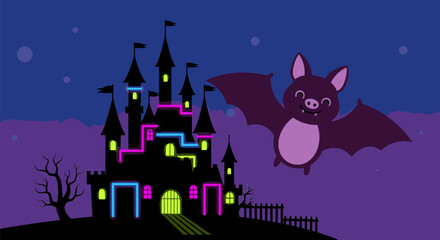 Cartoon Bat Flying Near Spooky Castle with Glowing Lights.
