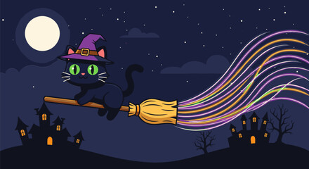Fototapeta premium Cartoon Black Cat Witch Flying on Broomstick Halloween Night.