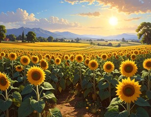 A vibrant sunrise over a vast field of sunflowers, with rolling hills and distant mountains under a cloudy sky