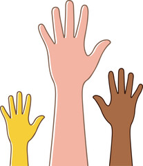 Diverse hands raised high in unity and support representing community and cooperation.