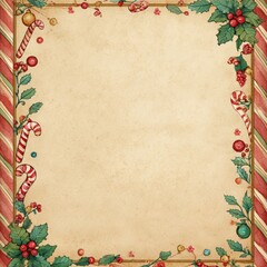 A festive background featuring a vintage design with candy canes, holly, and ornaments, ideal for creating holiday cards, invitations, or wrapping paper, Perfect for seasonal-themed projects,