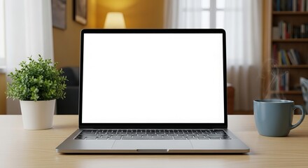 Fototapeta premium Laptop with blank screen on wooden desk with coffee and plant in a cozy home office setting showcasing remote work and digital lifestyle opportunities