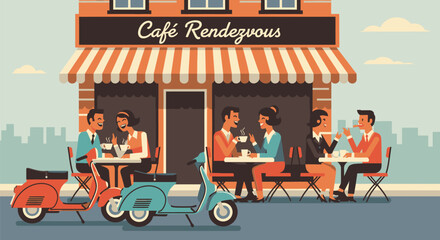 Charming Cafe Rendezvous Scene with Patrons and Scooters.