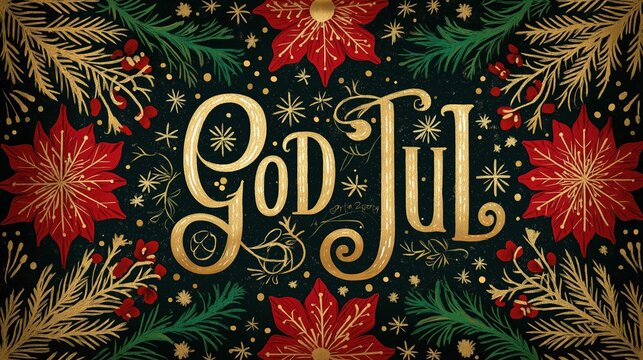 "God Jul" Swedish Christmas greeting in ornate lettering, intricate Nordic-inspired typography, vibrant red and green holiday palette, surrounded by sparkling snowflakes 